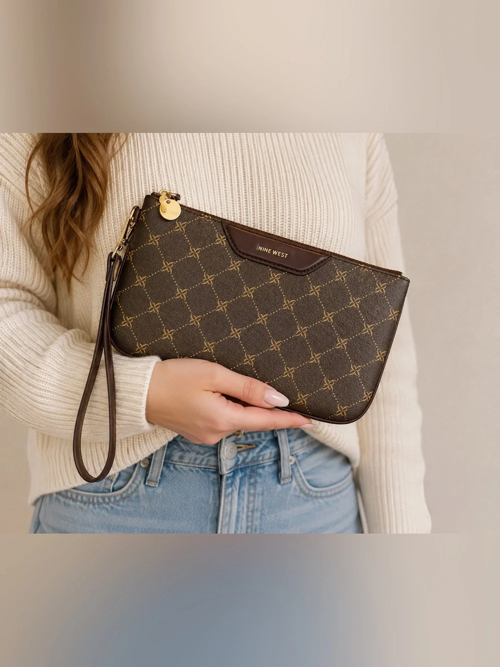 Nine West Brown Monogram Wristlet Zip Clutch Wallet Purse Gold Tone